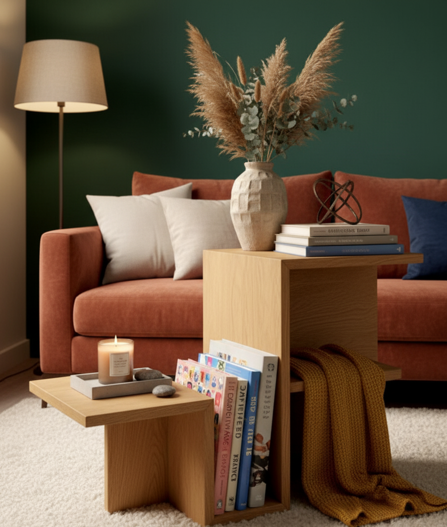 Modern & Şık Z-Form Ahşap Yan Sehpa ve Kitaplık