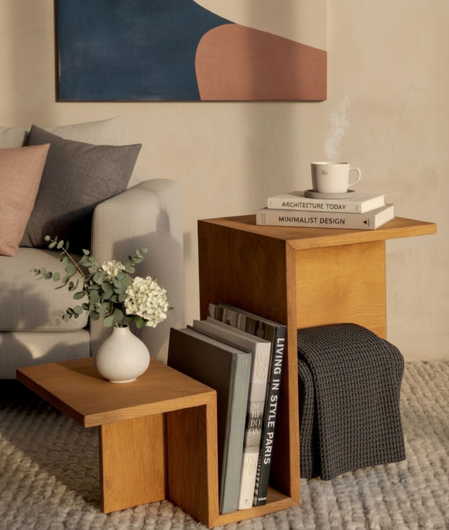 Modern & Şık Z-Form Ahşap Yan Sehpa ve Kitaplık