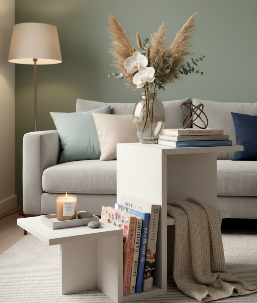 Modern & Şık Z-Form Ahşap Yan Sehpa ve Kitaplık