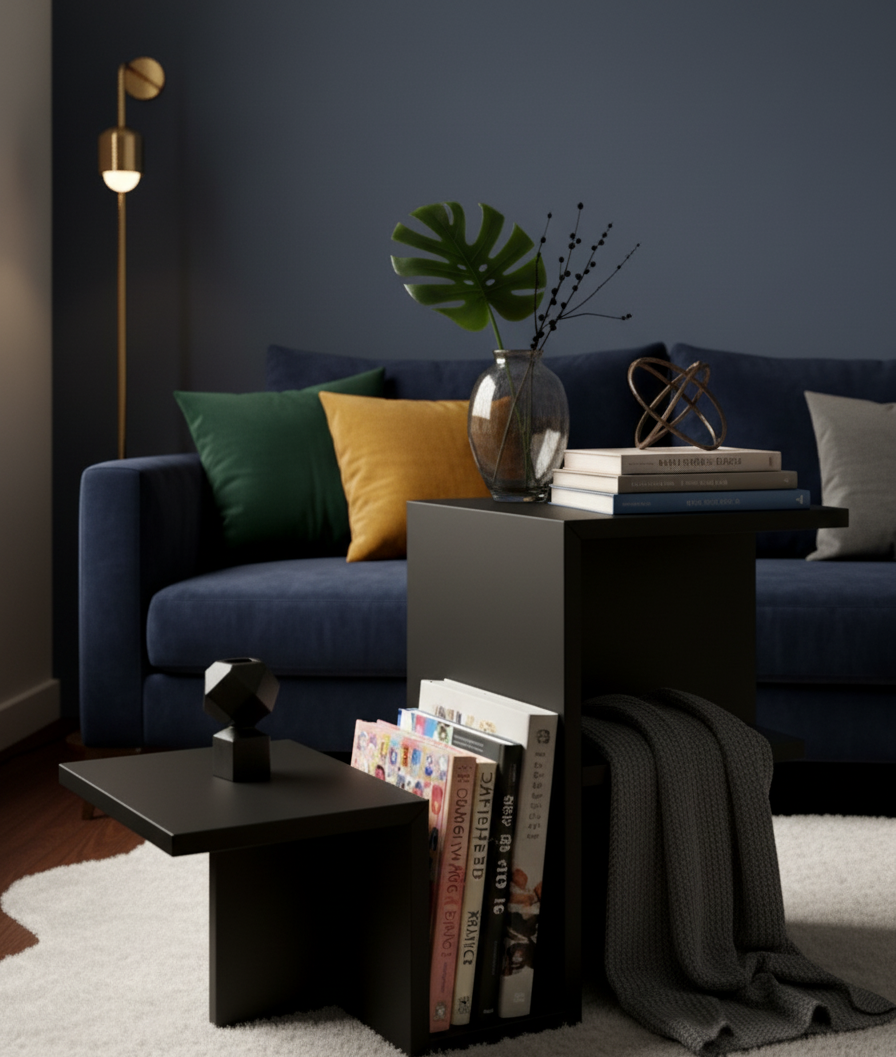 Modern & Şık Z-Form Ahşap Yan Sehpa ve Kitaplık